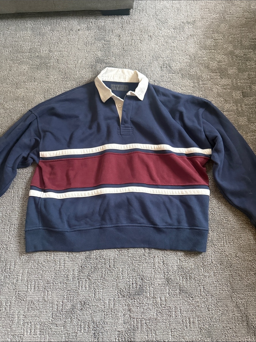 Abercrombie & Fitch Navy Crewneck Rugby Sweater with Burgundy Stripe